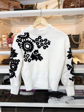 White cowl neck sweater with black floral embroidery #floral Women’s XS.